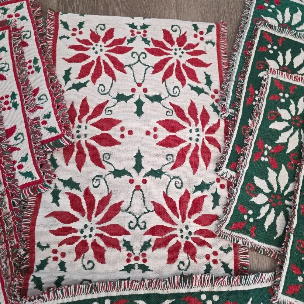 Vintage Poinsettia & Holly Woven Reversible Christmas Placemats Table Runner